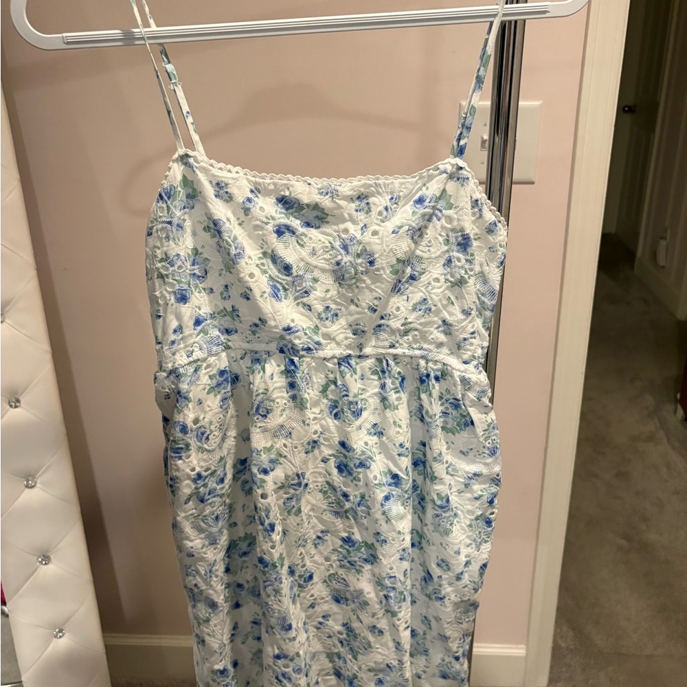 Altard State White Dress with Blue Floral Print Spaghetti Straps